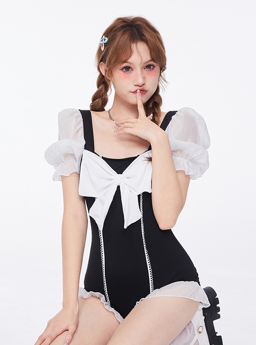 Simple Black-White Bow-Knot Sweet Cute Puff Sleeve Summer Sweet Lolita Short-Sleeved One-Piece Swimsuit