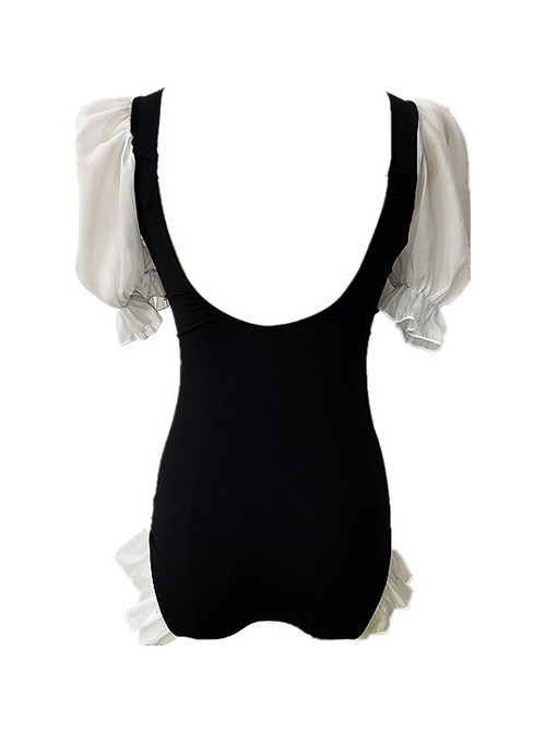 Simple Black-White Bow-Knot Sweet Cute Puff Sleeve Summer Sweet Lolita Short-Sleeved One-Piece Swimsuit
