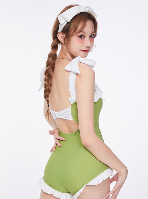 Green Fresh Hollow Backless Age-Reducing Cute Long-Sleeved Sunscreen Summer Sweet Lolita Sleeveless One-Piece Swimsuit Suit