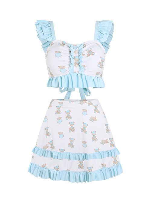 Cute Bear Print Blue Ruffled Lace-Up Sexy Summer Sweet Lolita Sleeveless Split Swimsuit Set