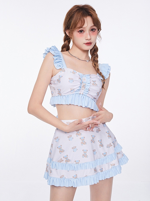 Cute Bear Print Blue Ruffled Lace-Up Sexy Summer Sweet Lolita Sleeveless Split Swimsuit Set