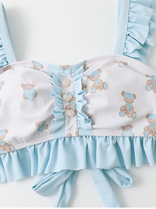 Cute Bear Print Blue Ruffled Lace-Up Sexy Summer Sweet Lolita Sleeveless Split Swimsuit Set