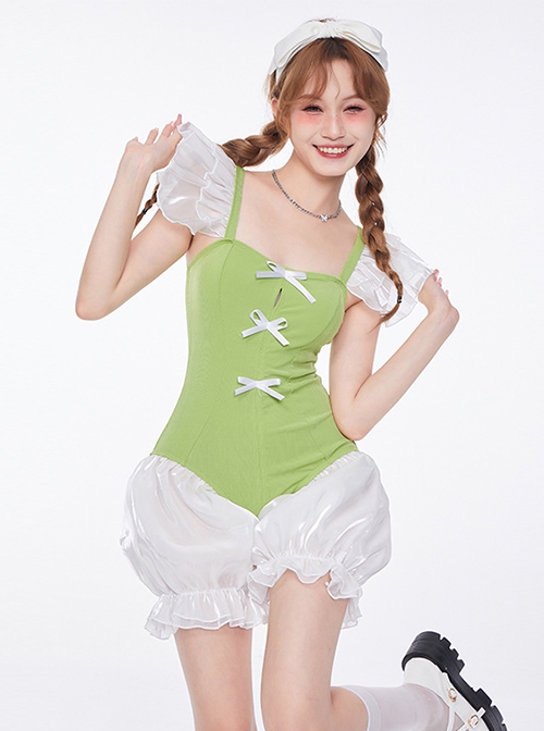 Little Fresh Green Princess Cute Pumpkin Pants Bow Decoration Sweet Lolita Sleeveless One-Piece Swimsuit