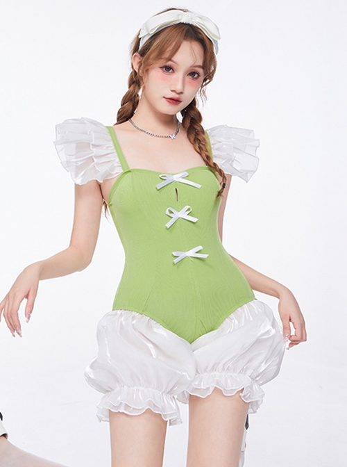 Little Fresh Green Princess Cute Pumpkin Pants Bow Decoration Sweet Lolita Sleeveless One-Piece Swimsuit