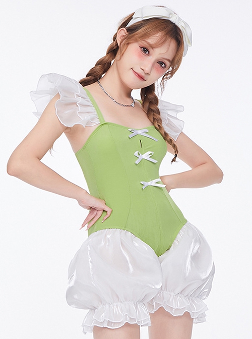 Little Fresh Green Princess Cute Pumpkin Pants Bow Decoration Sweet Lolita Sleeveless One-Piece Swimsuit