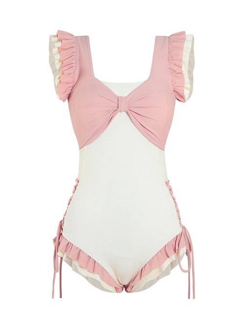 Pink-White Ruffles With Sweet Bow-Knot Design Lace-Up Summer Sweet Lolita Sleeveless One-Piece Swimsuit