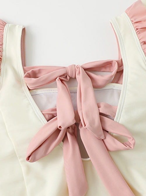 Pink-White Ruffles With Sweet Bow-Knot Design Lace-Up Summer Sweet Lolita Sleeveless One-Piece Swimsuit