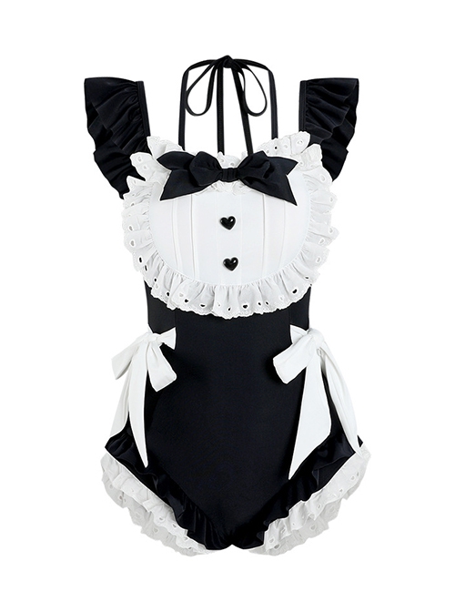 Cute Japanese Black-White Maid Outfit Bowknot Decoration Lace-Up Ruffles Summer Sweet Lolita Sleeveless One-Piece Swimsuit