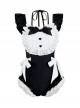 Cute Japanese Black-White Maid Outfit Bowknot Decoration Lace-Up Ruffles Summer Sweet Lolita Sleeveless One-Piece Swimsuit