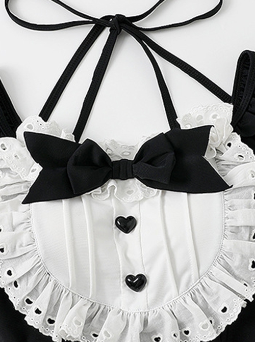 Cute Japanese Black-White Maid Outfit Bowknot Decoration Lace-Up Ruffles Summer Sweet Lolita Sleeveless One-Piece Swimsuit