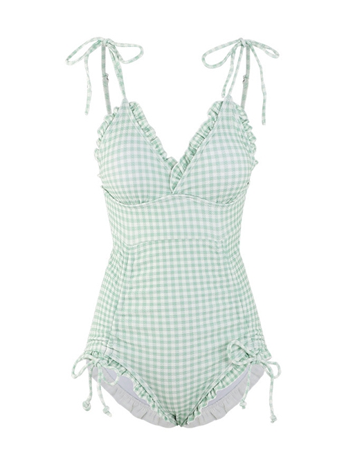 Pure Color Simple Plaid Drawstring Lace-Up Sexy Backless Summer Sweet Lolita Sleeveless One-Piece Swimsuit