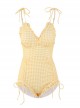 Pure Color Simple Plaid Drawstring Lace-Up Sexy Backless Summer Sweet Lolita Sleeveless One-Piece Swimsuit