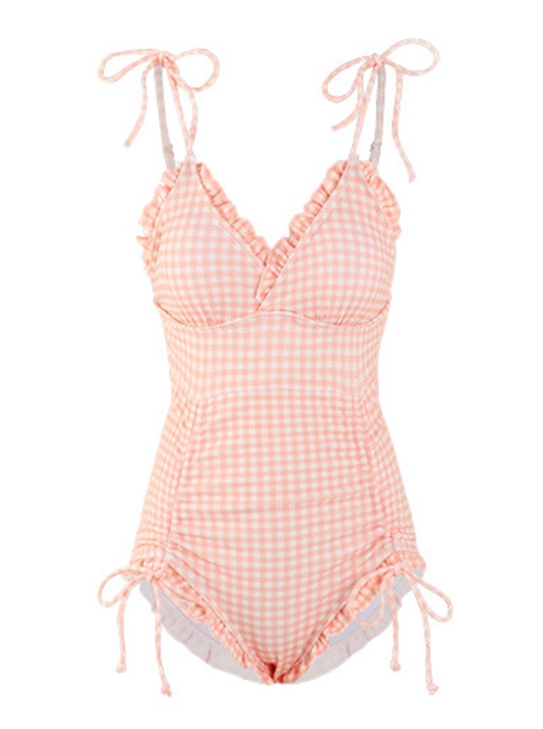 Pure Color Simple Plaid Drawstring Lace-Up Sexy Backless Summer Sweet Lolita Sleeveless One-Piece Swimsuit