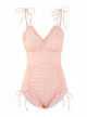 Pure Color Simple Plaid Drawstring Lace-Up Sexy Backless Summer Sweet Lolita Sleeveless One-Piece Swimsuit