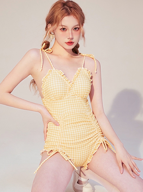 Pure Color Simple Plaid Drawstring Lace-Up Sexy Backless Summer Sweet Lolita Sleeveless One-Piece Swimsuit