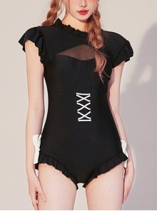 Black Lace-Up Backless Translucent Cutout White Bow-Knot Decoration Classic Lolita Short Sleeve One-Piece Swimsuit