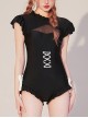 Black Lace-Up Backless Translucent Cutout White Bow-Knot Decoration Classic Lolita Short Sleeve One-Piece Swimsuit