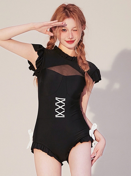 Black Lace-Up Backless Translucent Cutout White Bow-Knot Decoration Classic Lolita Short Sleeve One-Piece Swimsuit