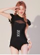 Black Lace-Up Backless Translucent Cutout White Bow-Knot Decoration Classic Lolita Short Sleeve One-Piece Swimsuit