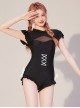 Black Lace-Up Backless Translucent Cutout White Bow-Knot Decoration Classic Lolita Short Sleeve One-Piece Swimsuit