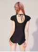 Black Lace-Up Backless Translucent Cutout White Bow-Knot Decoration Classic Lolita Short Sleeve One-Piece Swimsuit
