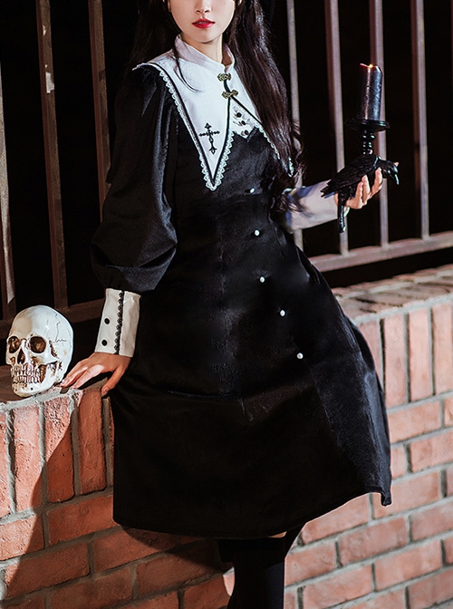 Twilight Prayer Series Nun Style False Collar Detachable Early Spring Retro Lantern Sleeve Gothic Lolita Long Sleeve Dress