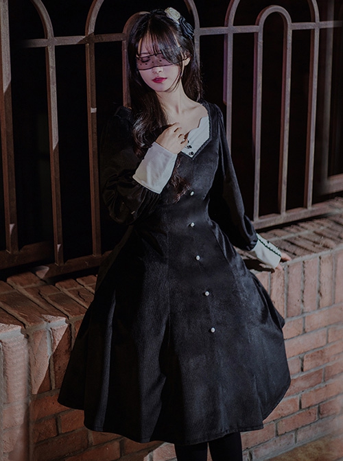 Twilight Prayer Series Nun Style False Collar Detachable Early Spring Retro Lantern Sleeve Gothic Lolita Long Sleeve Dress