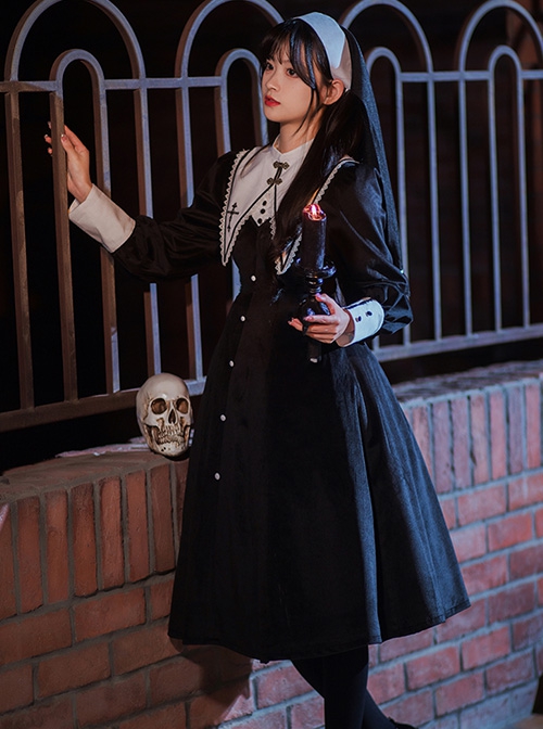 Twilight Prayer Series Nun Style False Collar Detachable Early Spring Retro Lantern Sleeve Gothic Lolita Long Sleeve Dress