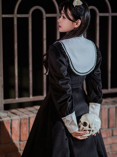 Twilight Prayer Series Nun Style False Collar Detachable Early Spring Retro Lantern Sleeve Gothic Lolita Long Sleeve Dress
