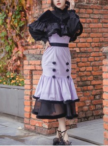 Retro Elegant Black Purple Velvet Stitching Black Translucent Hem Fishtail Skirt Shawl Classic Lolita Sleeveless Dress Set