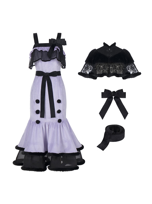 Retro Elegant Black Purple Velvet Stitching Black Translucent Hem Fishtail Skirt Shawl Classic Lolita Sleeveless Dress Set