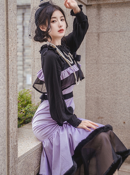 Retro Elegant Black Purple Velvet Stitching Black Translucent Hem Fishtail Skirt Shawl Classic Lolita Sleeveless Dress Set