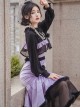 Retro Elegant Black Purple Velvet Stitching Black Translucent Hem Fishtail Skirt Shawl Classic Lolita Sleeveless Dress Set