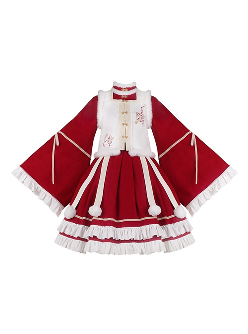 Chinese Style Red Stand Collar Wide Sleeves Detachable Pom Bow-Knot Square Collar Embroidered Vest Classic Lolita Long Sleeve Dress Set