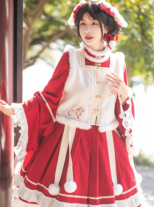 Chinese Style Red Stand Collar Wide Sleeves Detachable Pom Bow-Knot Square Collar Embroidered Vest Classic Lolita Long Sleeve Dress Set