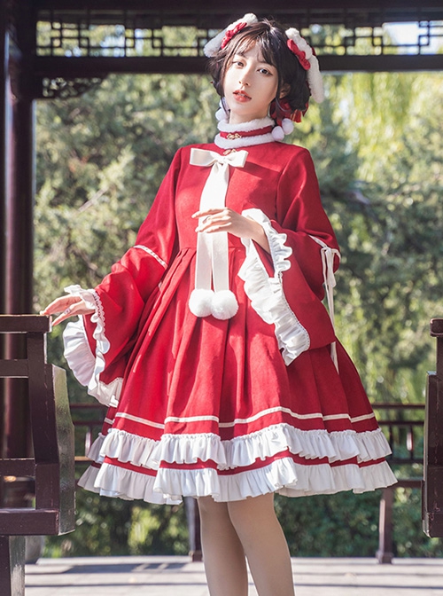 Chinese Style Red Stand Collar Wide Sleeves Detachable Pom Bow-Knot Square Collar Embroidered Vest Classic Lolita Long Sleeve Dress Set