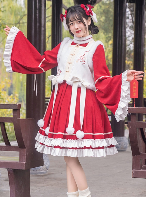 Chinese Style Red Stand Collar Wide Sleeves Detachable Pom Bow-Knot Square Collar Embroidered Vest Classic Lolita Long Sleeve Dress Set