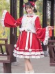 Chinese Style Red Stand Collar Wide Sleeves Detachable Pom Bow-Knot Square Collar Embroidered Vest Classic Lolita Long Sleeve Dress Set