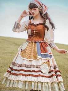 Shepherdess Series Nordic Pastoral Style Square Collar Lace Plaid Hem Suede Vest Splicing Plaid Apron Classic Lolita Long-Sleeved Dress Suit