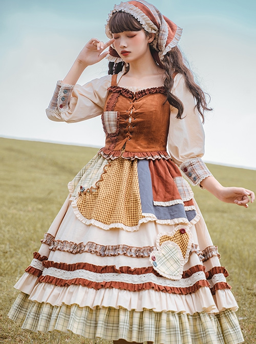 Shepherdess Series Nordic Pastoral Style Square Collar Lace Plaid Hem Suede Vest Splicing Plaid Apron Classic Lolita Long-Sleeved Dress Suit