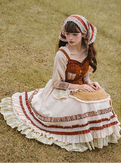 Shepherdess Series Nordic Pastoral Style Square Collar Lace Plaid Hem Suede Vest Splicing Plaid Apron Classic Lolita Long-Sleeved Dress Suit