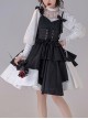 Pure Black Asymmetric Suspenders Irregular Hem Design Detachable Waistband White Skirt Cool Girl Punk Lolita Sleeveless Dress Set