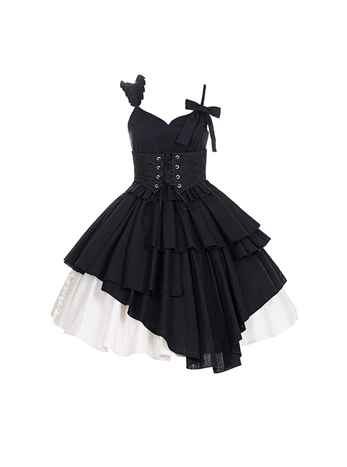 Pure Black Asymmetric Suspenders Irregular Hem Design Detachable Waistband White Skirt Cool Girl Punk Lolita Sleeveless Dress Set