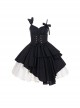 Pure Black Asymmetric Suspenders Irregular Hem Design Detachable Waistband White Skirt Cool Girl Punk Lolita Sleeveless Dress Set