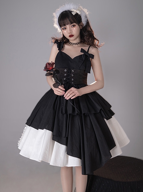 Pure Black Asymmetric Suspenders Irregular Hem Design Detachable Waistband White Skirt Cool Girl Punk Lolita Sleeveless Dress Set