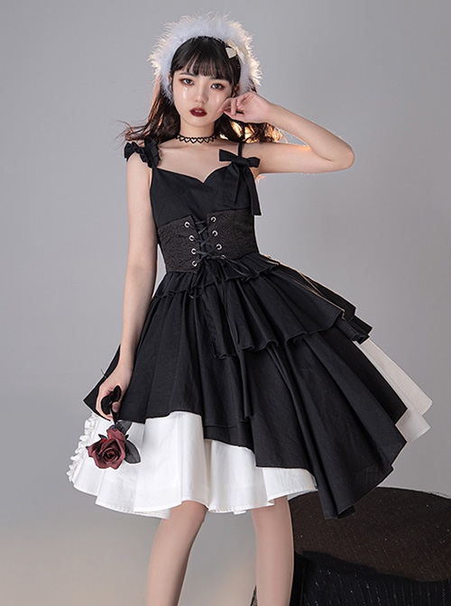 Pure Black Asymmetric Suspenders Irregular Hem Design Detachable Waistband White Skirt Cool Girl Punk Lolita Sleeveless Dress Set