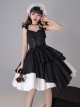 Pure Black Asymmetric Suspenders Irregular Hem Design Detachable Waistband White Skirt Cool Girl Punk Lolita Sleeveless Dress Set