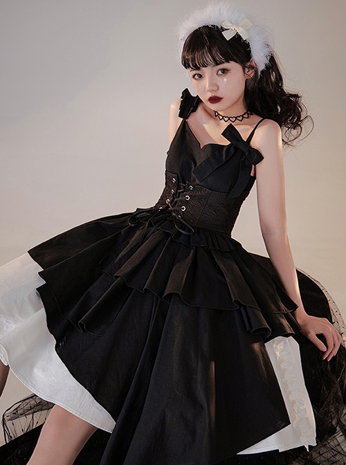 Pure Black Asymmetric Suspenders Irregular Hem Design Detachable Waistband White Skirt Cool Girl Punk Lolita Sleeveless Dress Set