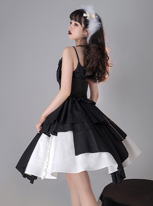 Pure Black Asymmetric Suspenders Irregular Hem Design Detachable Waistband White Skirt Cool Girl Punk Lolita Sleeveless Dress Set