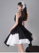 Pure Black Asymmetric Suspenders Irregular Hem Design Detachable Waistband White Skirt Cool Girl Punk Lolita Sleeveless Dress Set